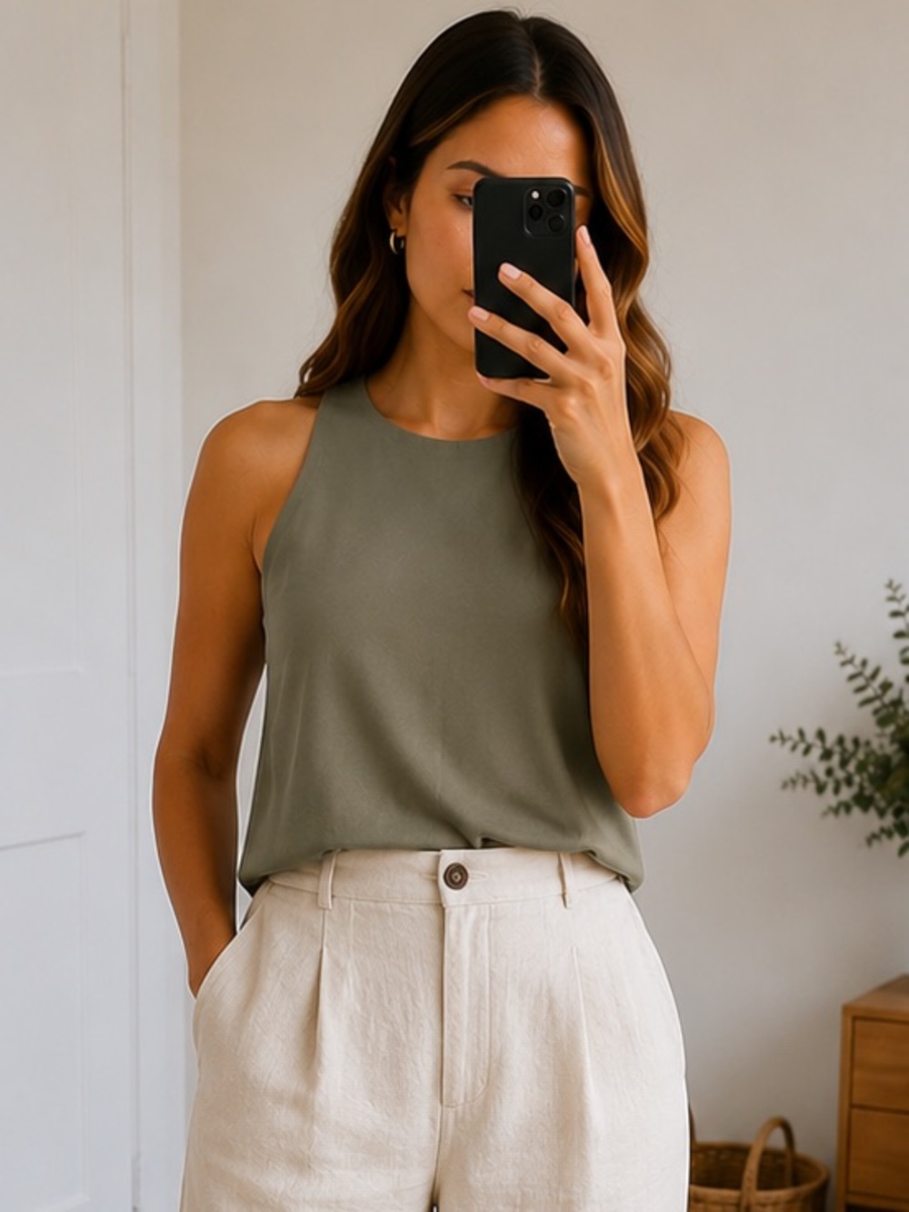 Banana Republic XS Petite Olive Green Halter Neck Blouse Sleeveless A-Line Top